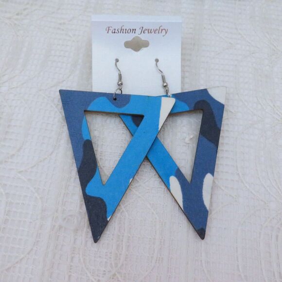 Inverted Triangle Blue Camo Dangle Earrings For Women 4 Inches - Picture 1 of 8